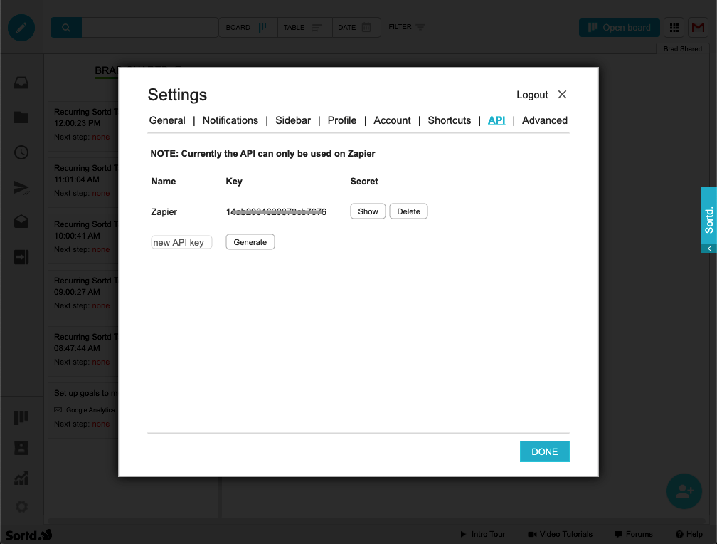 The Sortd Settings dialog open on the API tab, showing key generation